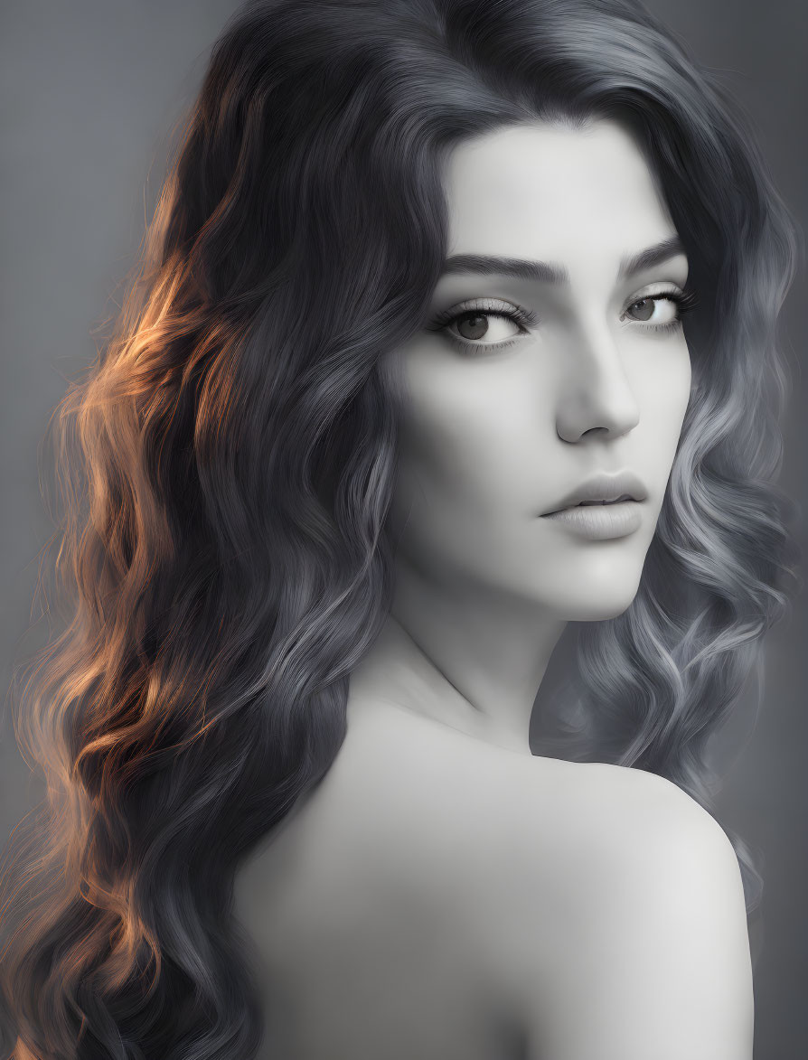 Grayscale portrait of a woman with wavy hair and captivating eyes