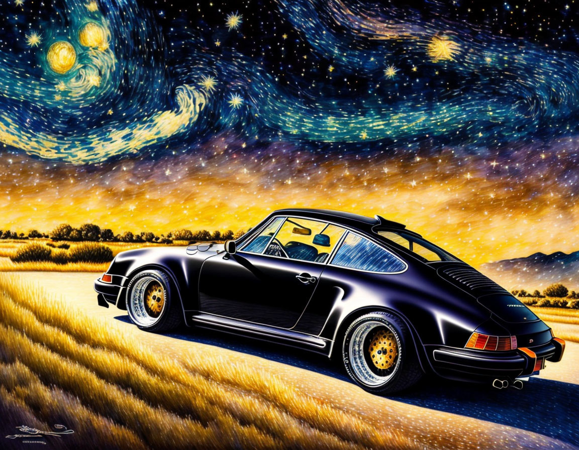 Black Porsche 911 under starry night sky with Van Gogh-inspired backdrop