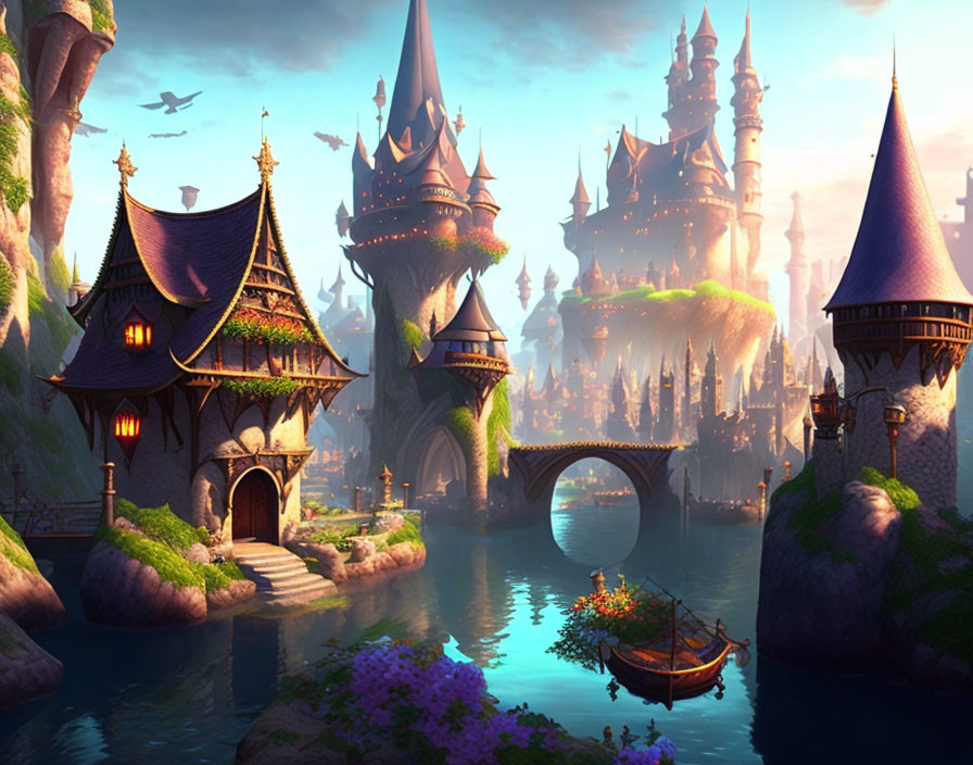 Fantasy castle with spires and bridges in serene dusk landscape