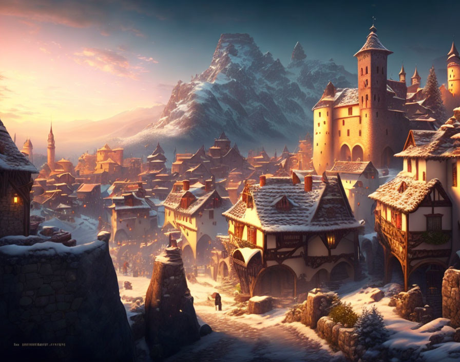 Snowy medieval village at dusk: Castle, warm lights, mountain