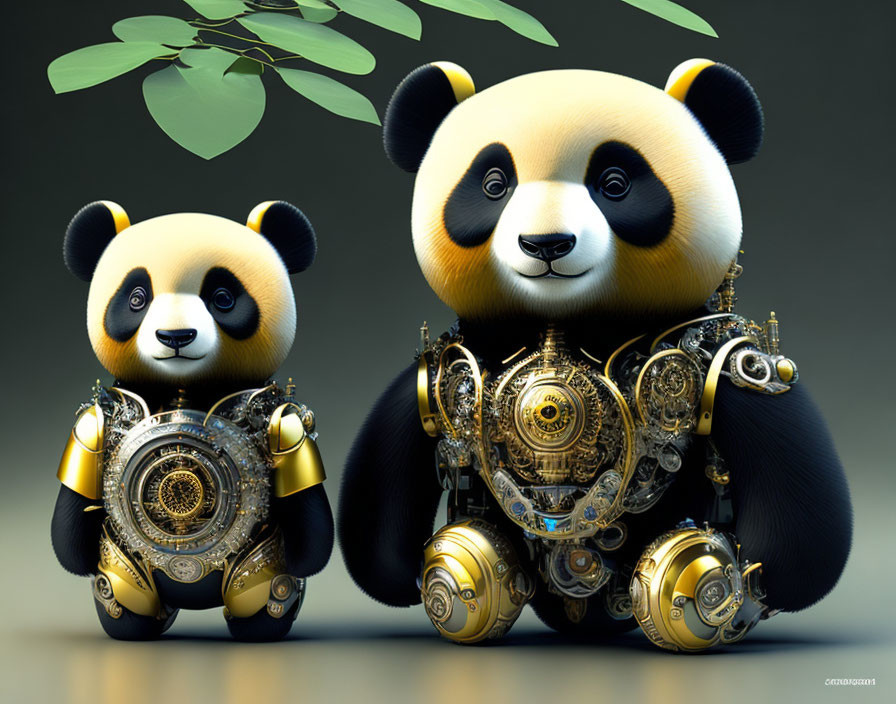 Stylized plush and mechanical pandas on neutral background with green leaves