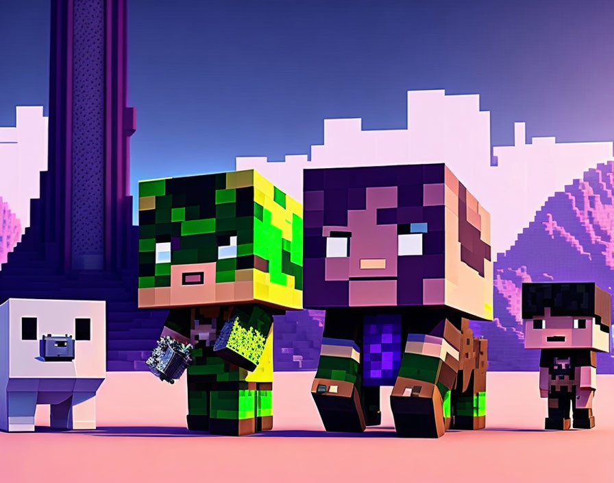 Pixelated characters with dog in Minecraft-style landscape