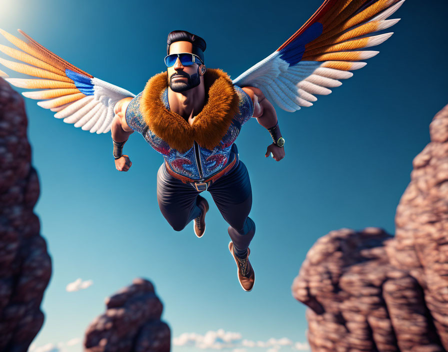 Man with Bird-like Wings Flying in Futuristic Outfit and Sunglasses