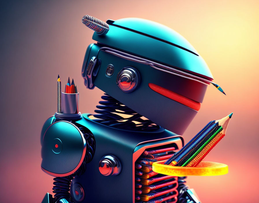 Colorful stylized robot with stationery accessories on warm gradient background