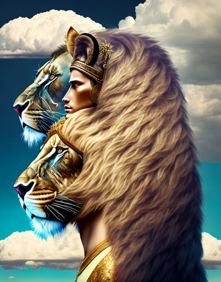 Stylized image of woman with lion's mane and two lion faces under cloudy sky