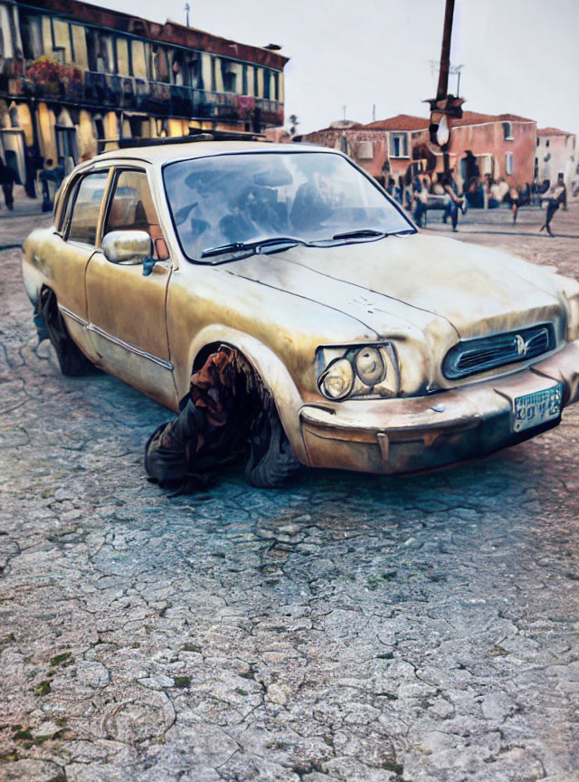 Vintage gold car with missing wheel on cobblestone street.