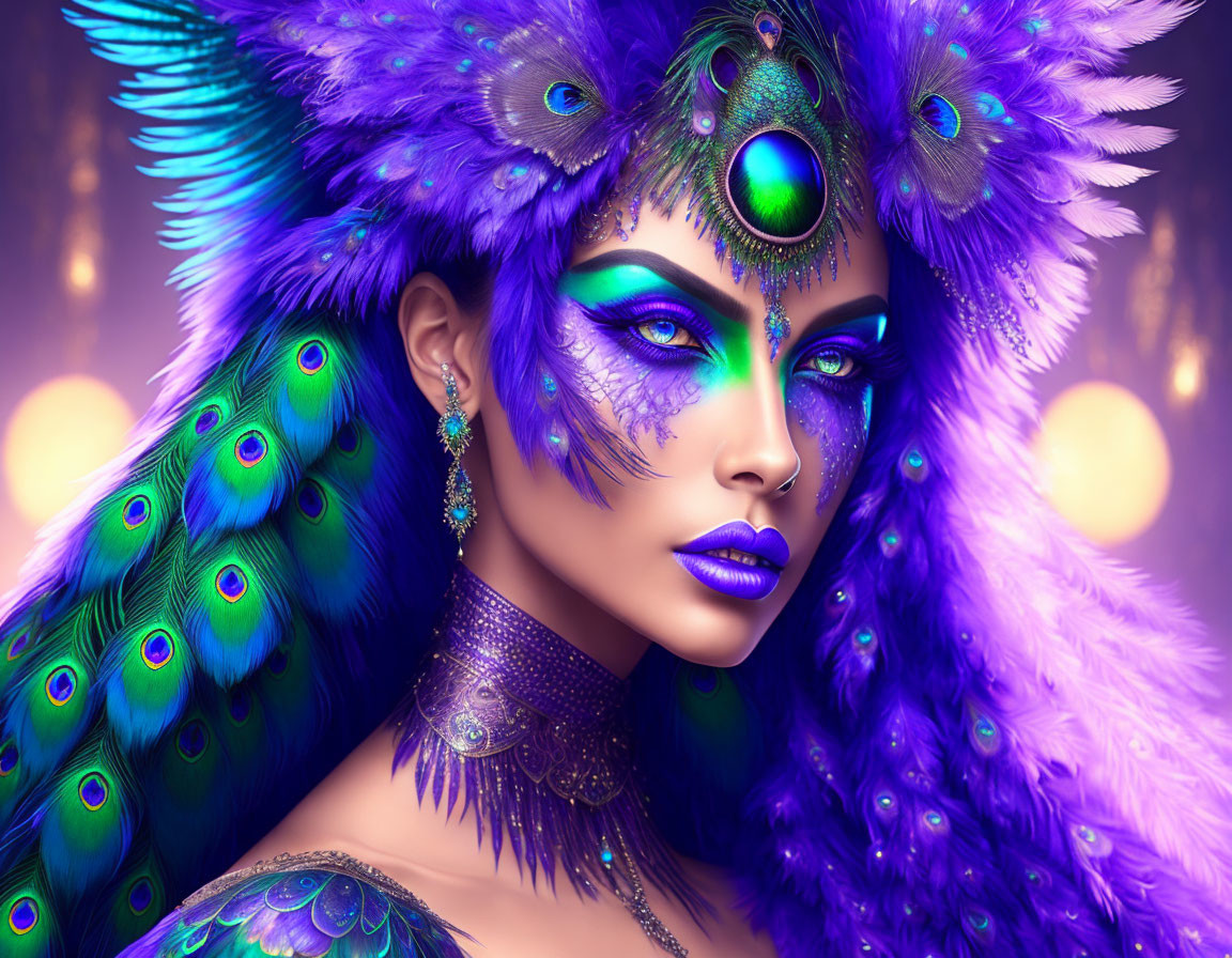 Woman with Peacock Feather Headdress and Makeup in Warm Glowing Lights