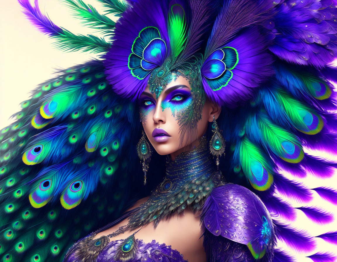 Woman with Peacock-Inspired Makeup and Headdress in Vibrant Blues and Greens