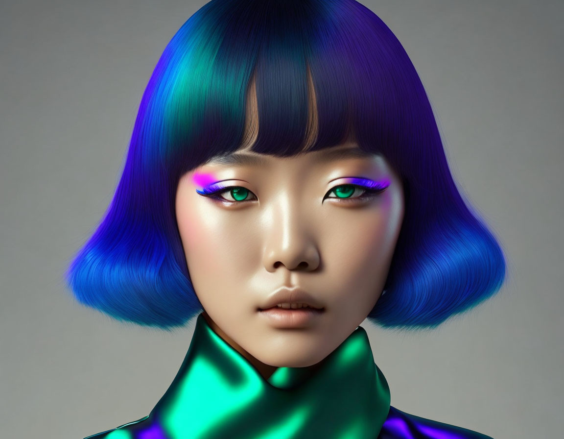 Vibrant 3D Portrait of Woman with Blue and Green Hair