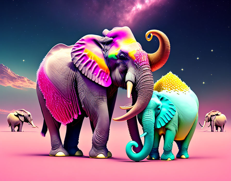 Colorful Neon Elephants on Surreal Landscape with Realistic Background