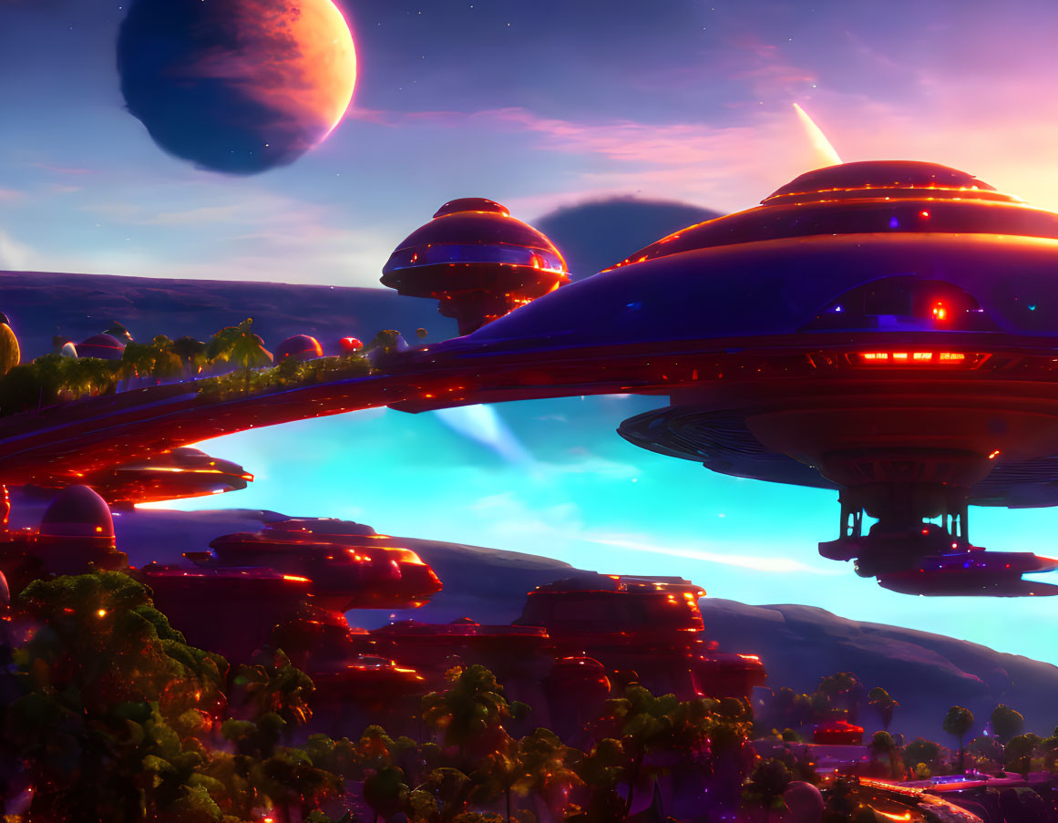 Futuristic cityscape with flying saucers, sleek buildings, purple sky, planet, and