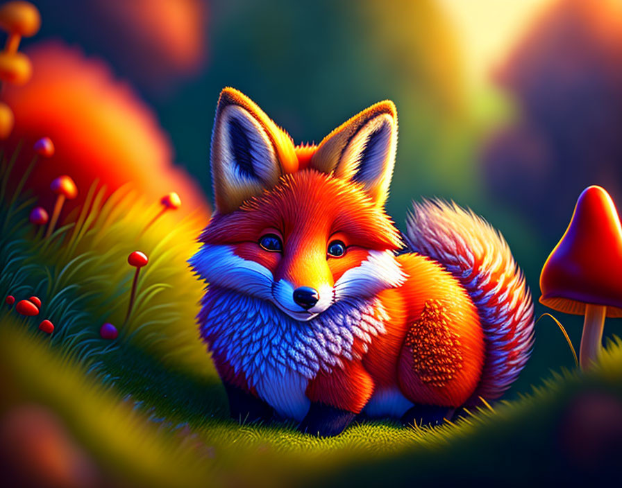 Red Fox in Lush Forest with Mushrooms and Radiant Lighting