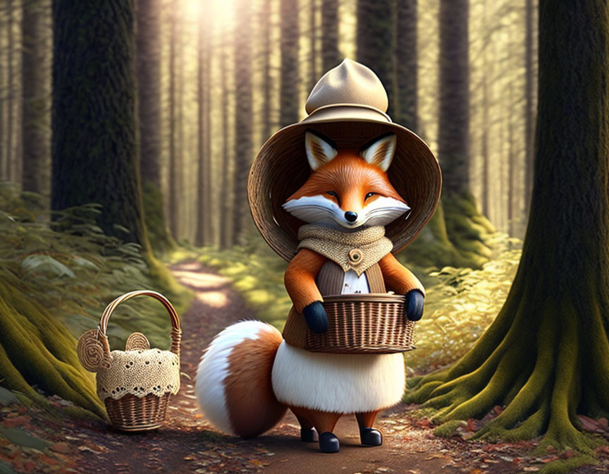 Anthropomorphic fox in forest setting with hat, scarf, and picnic basket