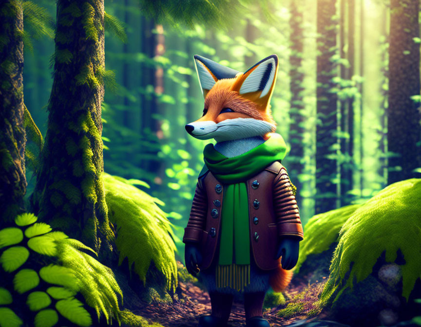 Fox in coat and scarf in sunlit forest