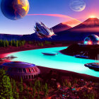 Futuristic cityscape with flying saucers, sleek buildings, purple sky, planet, and