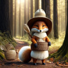 Anthropomorphic fox in forest setting with hat, scarf, and picnic basket