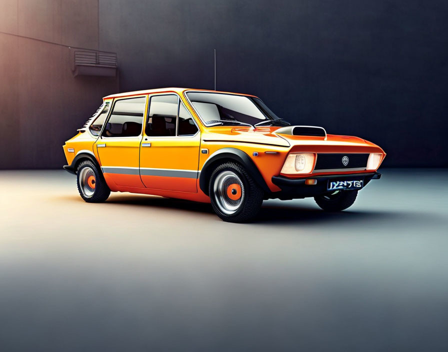 Classic Orange Car with Black Stripes and Grille Badge in Studio Setting