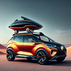 Innovative orange SUV with rooftop boat in futuristic desert landscape