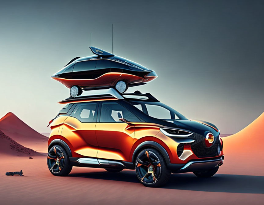 Innovative orange SUV with rooftop boat in futuristic desert landscape