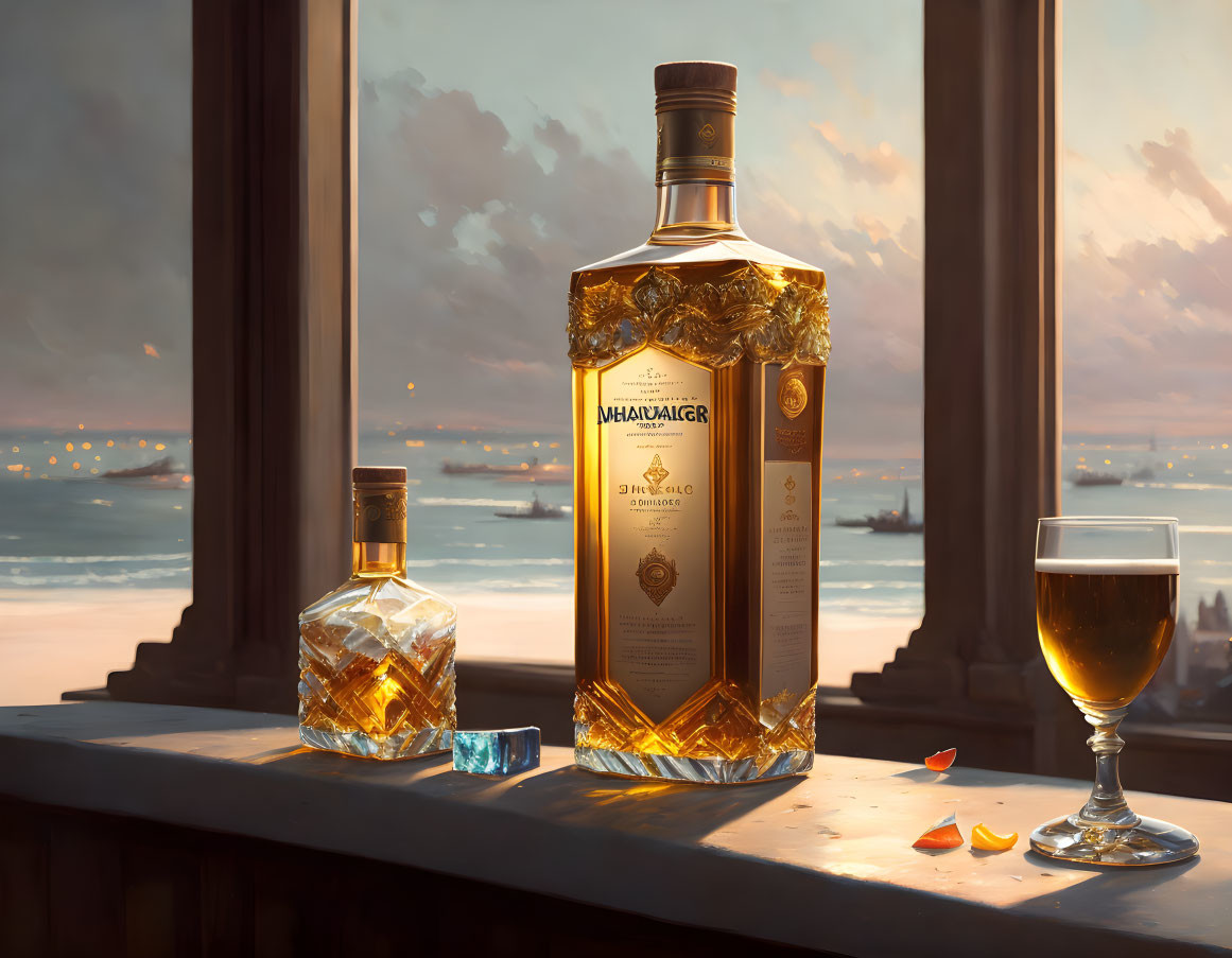 Whiskey bottles on windowsill with glass, sunset harbor scene and ships