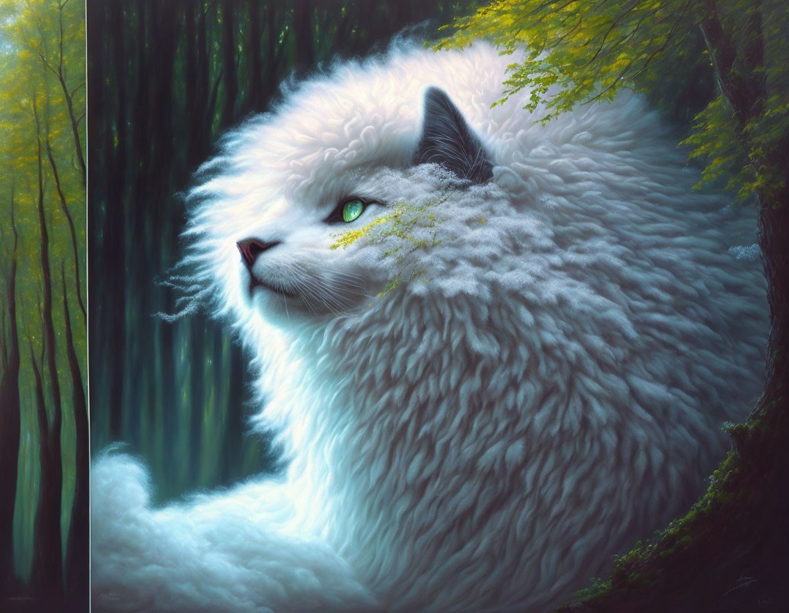 Fluffy white cat with blue eyes in serene forest scene