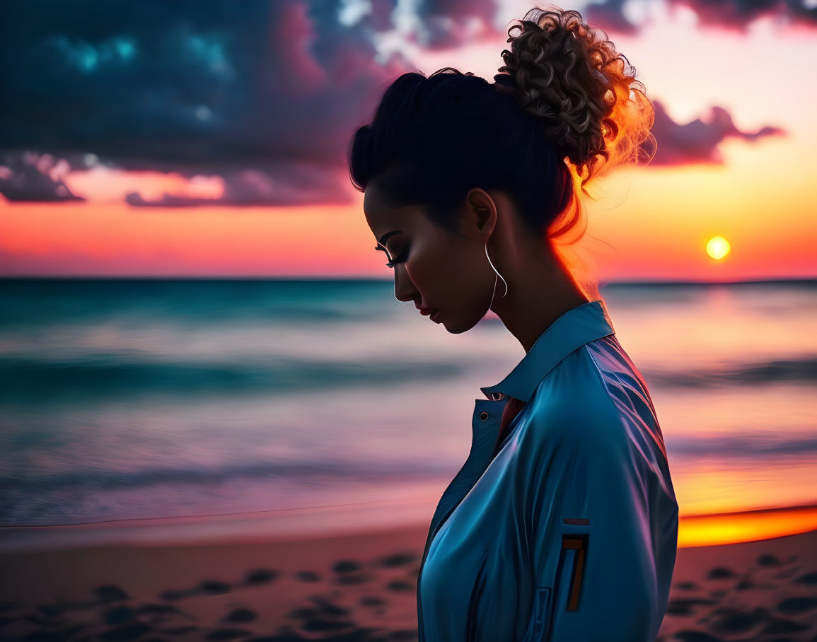 Woman with Updo Hairstyle and Blue Jacket at Sunset