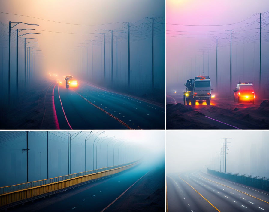 Foggy highway scenes with vehicles, street lights, and power lines captured from various angles