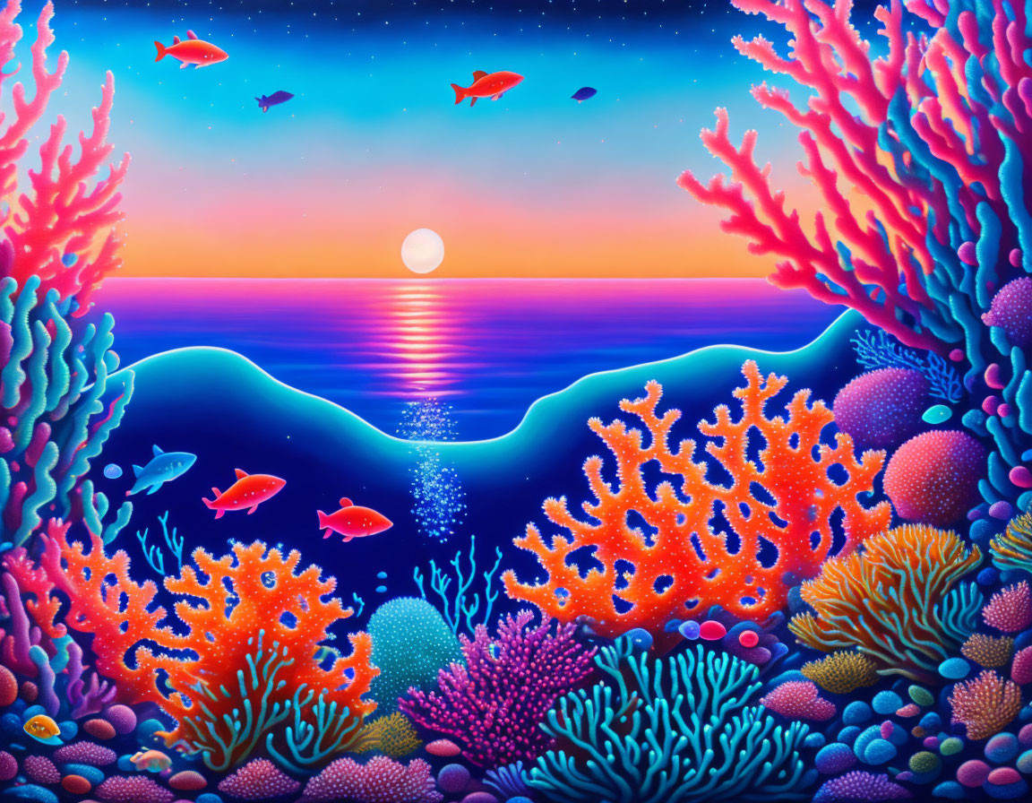 Colorful coral reefs, fish, sunset, stars in vibrant underwater scene