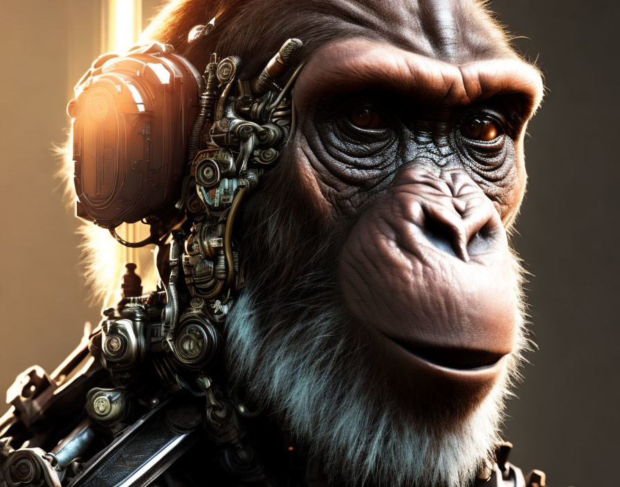 Cybernetic ape with mechanical head and neck on warm light background