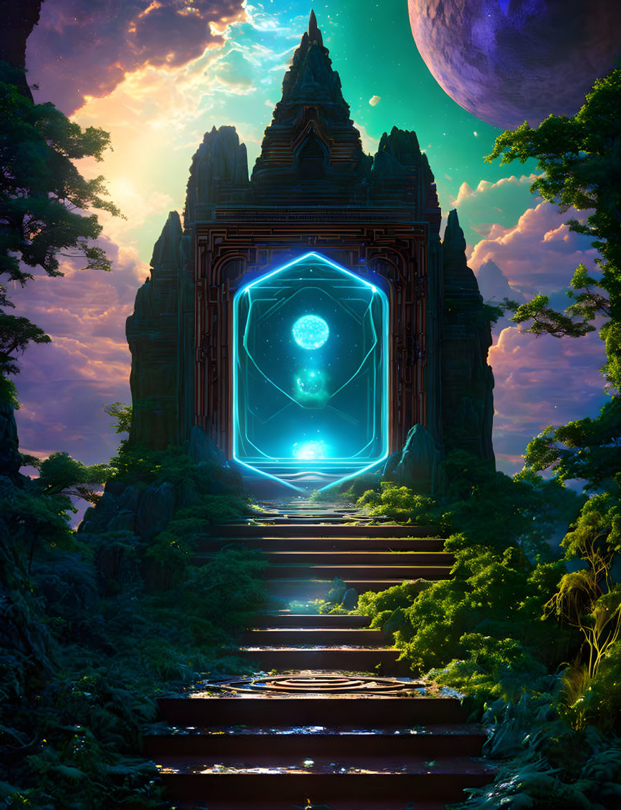 Mystical portal in ancient temple facade with glowing edges, surrounded by lush foliage under twilight sky.