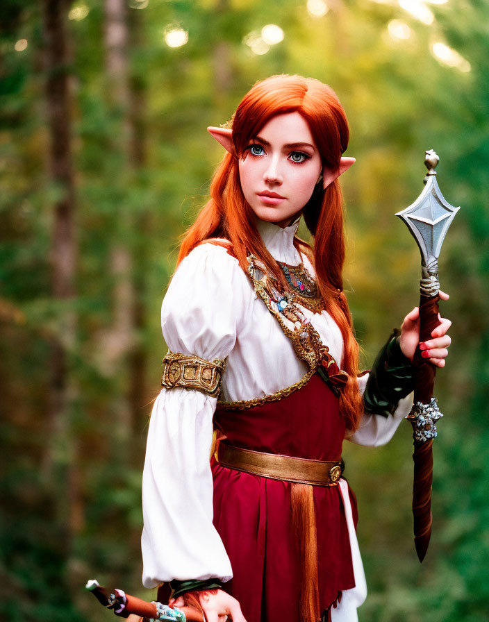 Fantasy elf cosplay with red hair and dagger in wooded setting