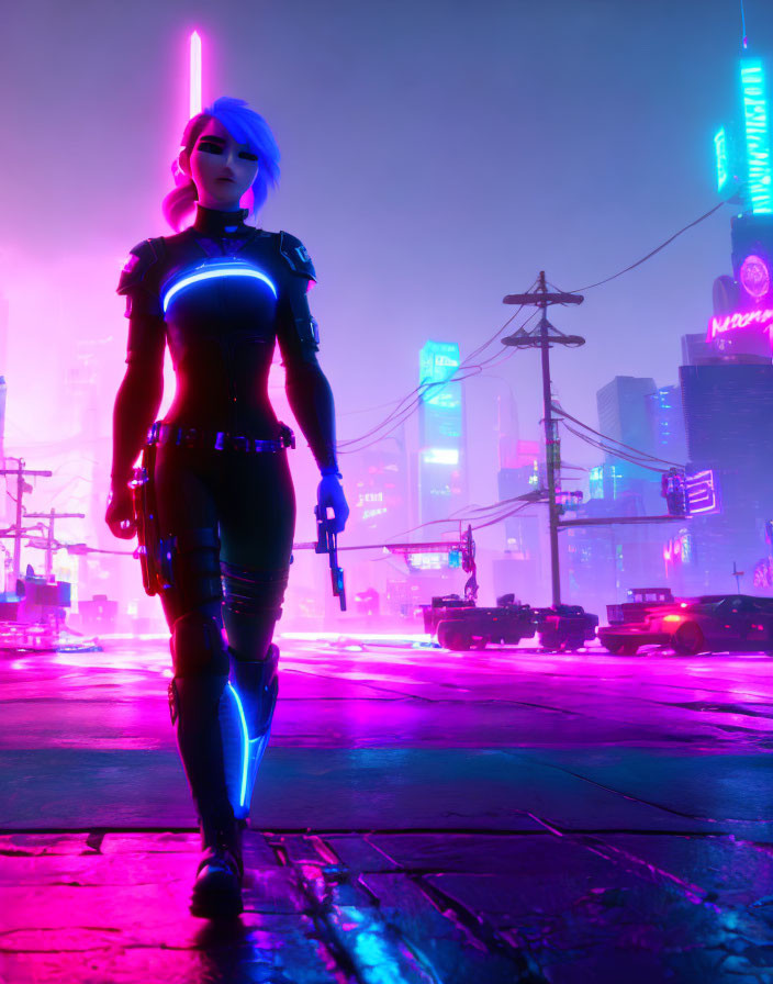 Blue-haired woman in futuristic black armor in neon-lit city at night