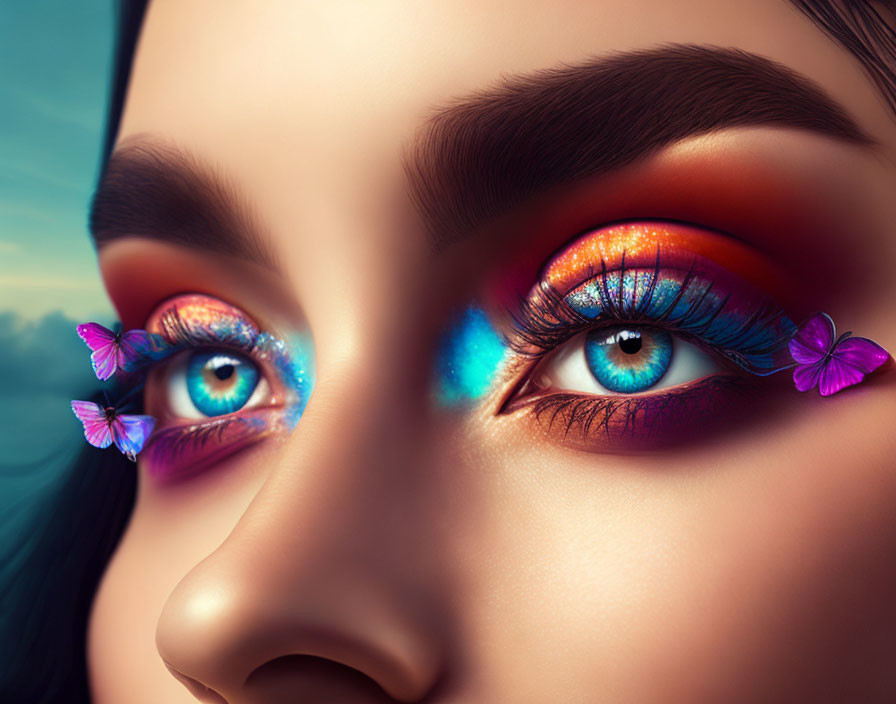 Detailed view of person with rainbow eye makeup and butterflies on lashes.