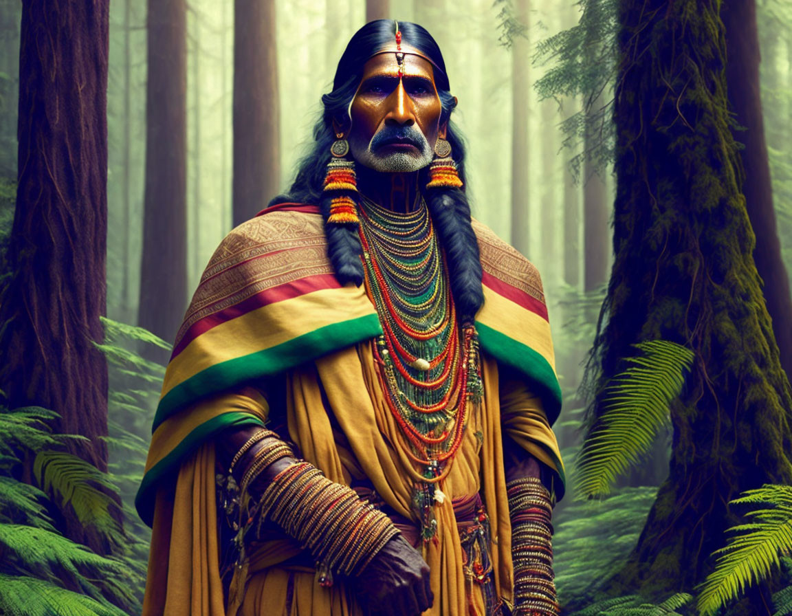 Native American man in traditional attire standing in misty forest