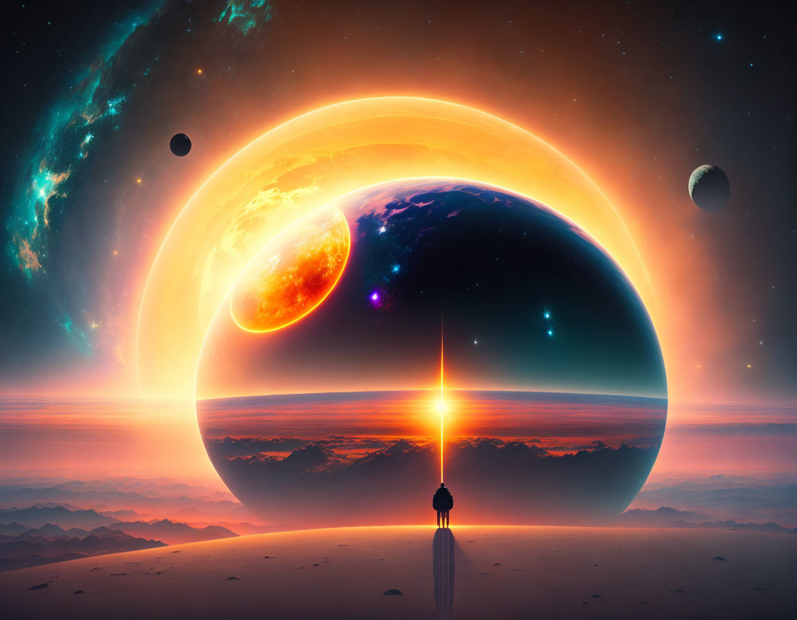 Person observing surreal sci-fi sunset with multiple planets aligning