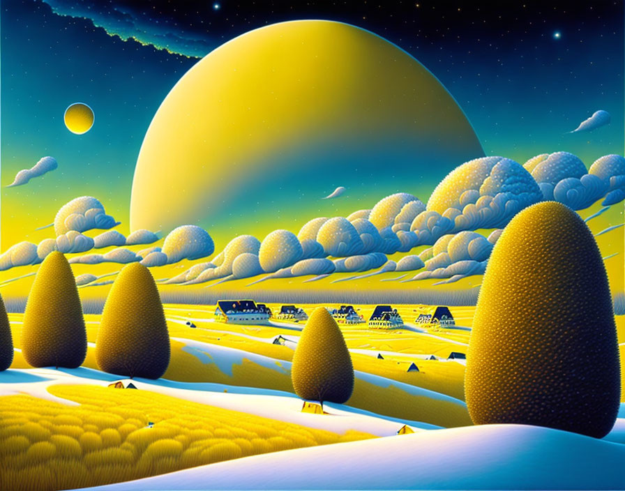 Surreal landscape with oversized yellow and blue hills under starry sky