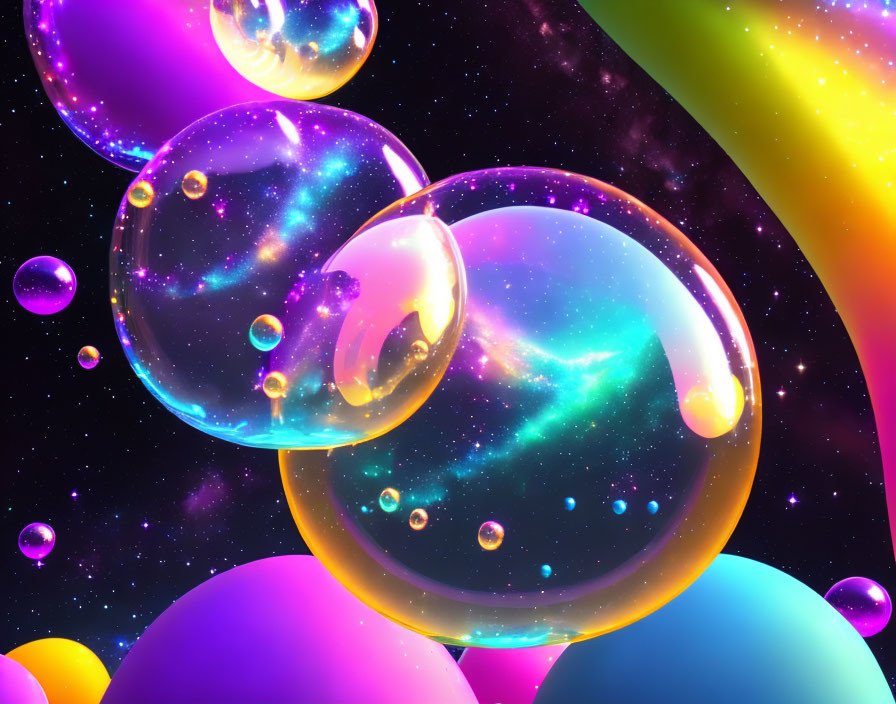 Vibrant soap bubbles with cosmic galaxy patterns on cosmic backdrop