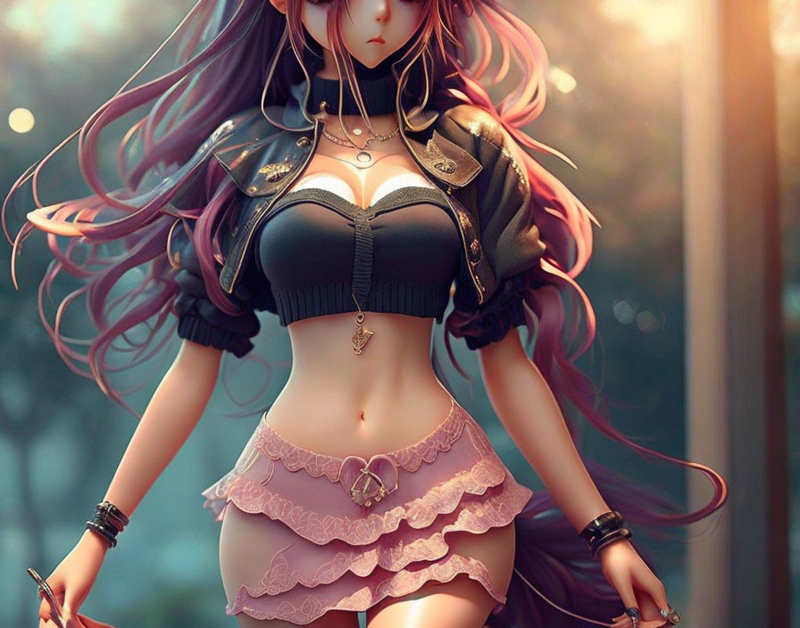 Stylized female anime character with pink and purple hair in black outfit