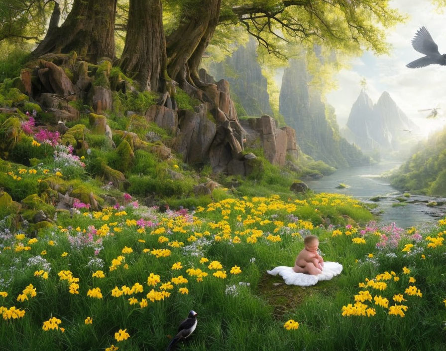 Tranquil baby in nature scene with trees, river, birds, and flowers