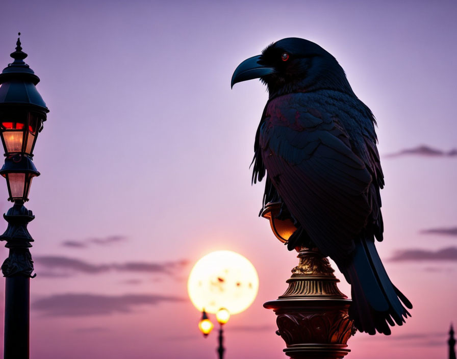 Raven silhouette on lamppost at dusk with glowing sunset