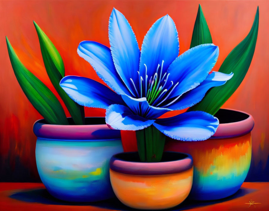 Colorful painting of blue flower in multicolored pot on orange-red backdrop