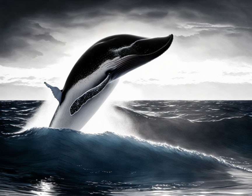 Humpback whale breaching in stormy sky