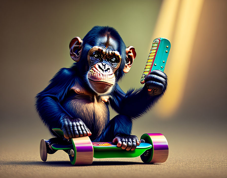 Digital artwork: Chimpanzee with human-like eyes holding colorful skateboards