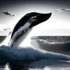 Humpback whale breaching in stormy sky