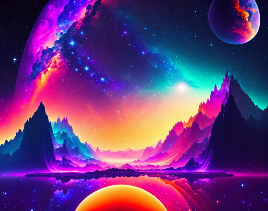 Vivid Sci-Fi Landscape with Neon Mountains & Celestial Bodies