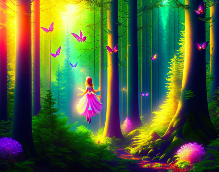 Enchanting forest scene with fairy and butterflies