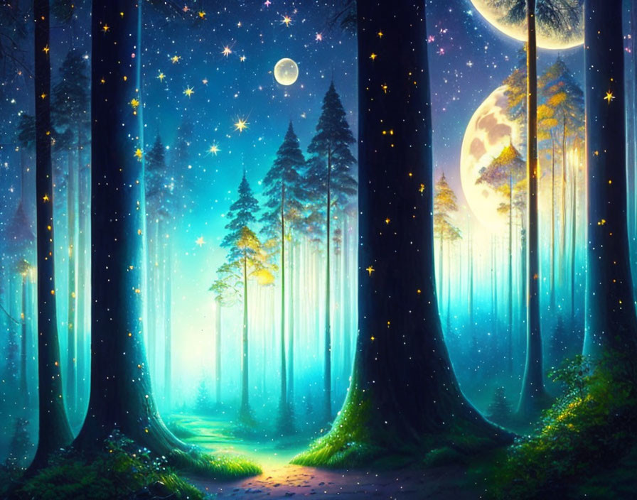 Mystical forest at night with glowing pathway, full moon, and towering trees