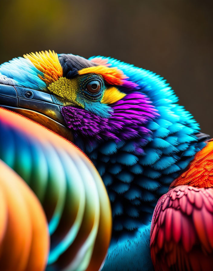 Colorful Bird Close-Up with Blue, Orange, and Purple Feathers