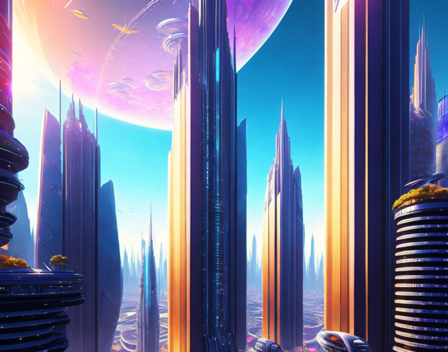 Futuristic cityscape with skyscrapers and floating vehicles