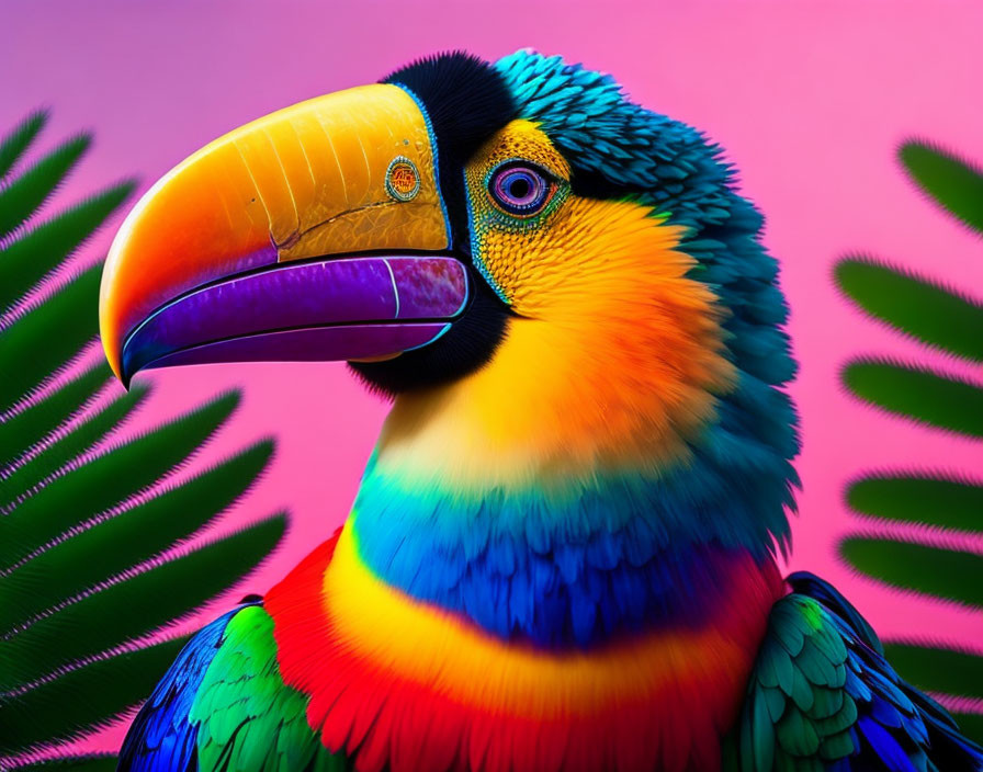 Colorful Toucan Portrait Against Pink Background with Green Foliage